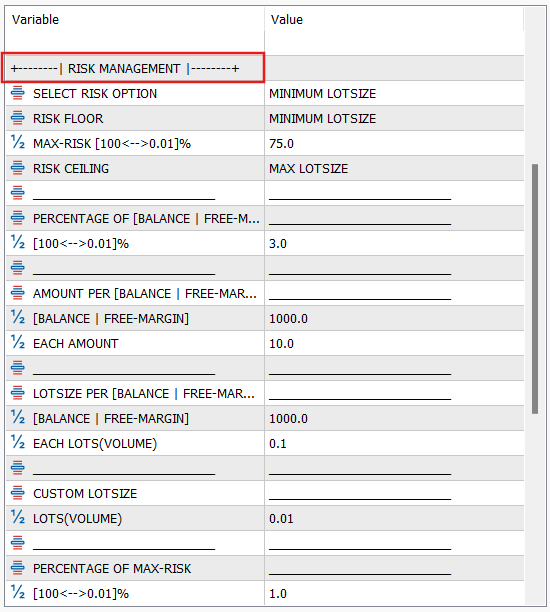 RISK MANAGEMENT Input Options