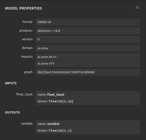 Our ONNX model parameters in Netron.