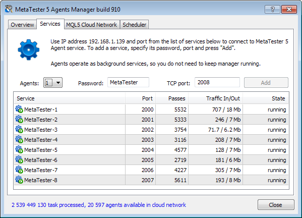 Setting of Tester Agents in MetaTester 5 Agents Manager