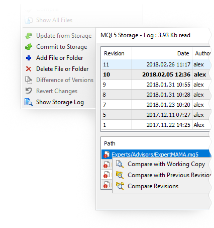 En MQL5 Storage siempre es posible ver el historial del trabajo con cada archivo: cómo y cuándo ha sido modificado