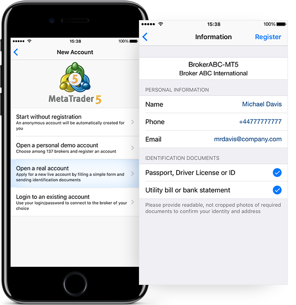 Simplified request to open a real account in MetaTrader 5 iOS build 1605