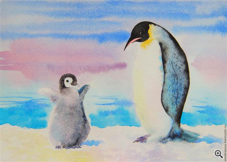 水彩画。企鹅队。  