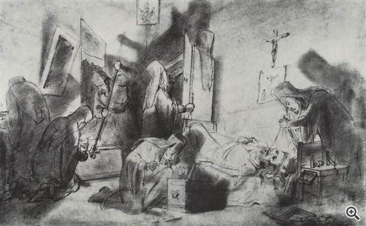 Perov V.G. Die Aufteilung des Erbes in einem Kloster (Tod eines Mönchs). Bleistiftzeichnung. 1868