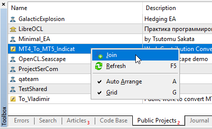 Right click on the project "MT4_To_MT5_Indicat" (tab "Toolbox") and select "Join"