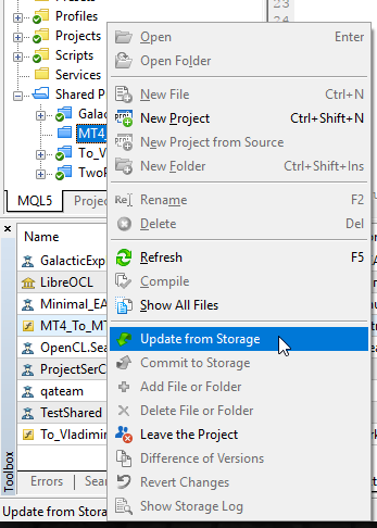 Right click on the project "MT4_To_MT5_Indicat" (tab "Navigator") and select "Update from Storage"