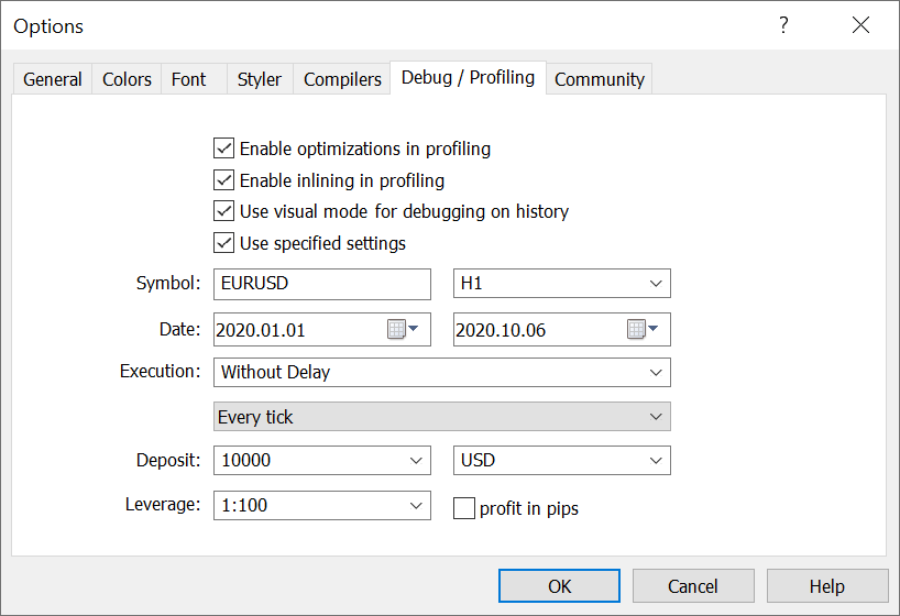 Para depuração no modo visual, habilite a opção correspondente nas configurações do MetaEditor