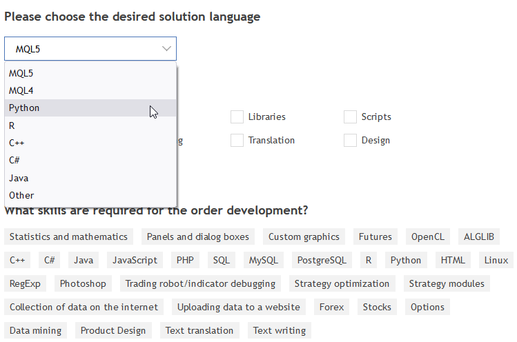 Seleccionando el lenguaje de programación para encargar un trabajo