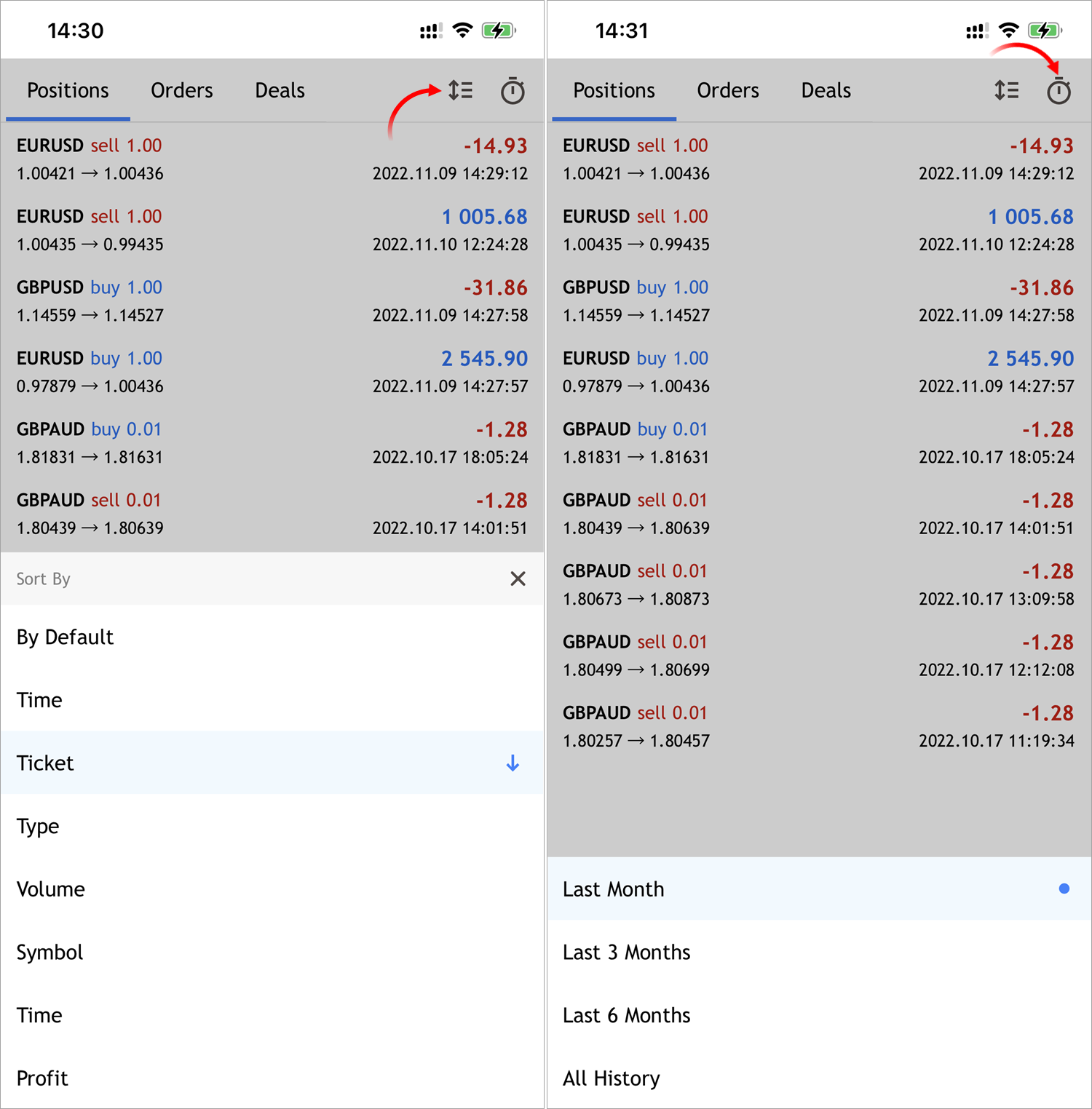Visualizzazione della cronologia di trading personalizzabile nella versione mobile