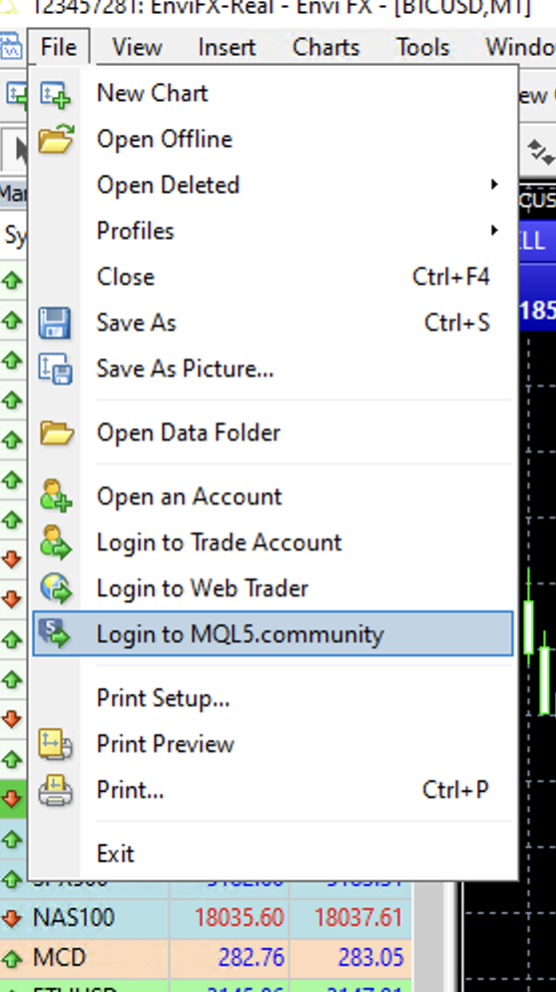 Login to MQL5 drop down