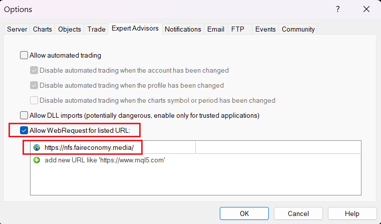 Expert Advisor required to fetch news data for the FFC Calendar indicator.