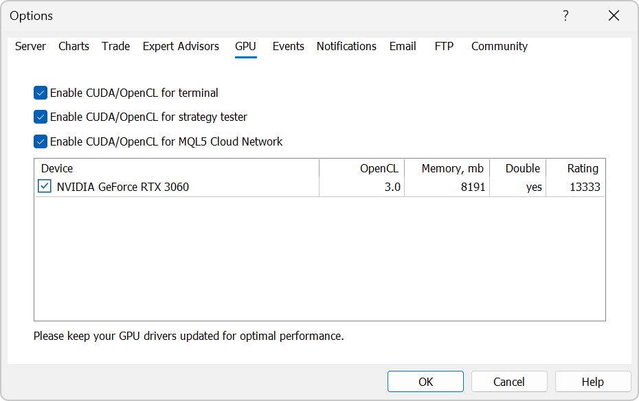 Gestion de CUDA dans les paramètres de la plateforme