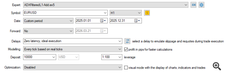 Настройки тестирования стратегии ADX