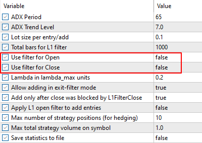 Параметры тестирования без фильтров