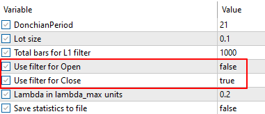 Входные параметры тестирования советника DonchianBreakoutFilteredL1.mq5 с L1-фильтром выхода