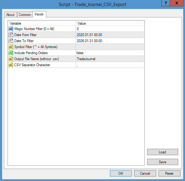 Trade Journal CSV Export Script MT4