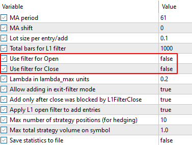Входные параметры для тестирования без фильтров