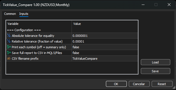 TickValue_Compare — diagnose differences between TICK_VALUE, LOSS and PROFIT