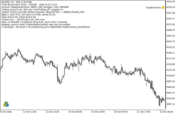 Trade Environment Check: account mode, symbol trading rules and open positions in one report