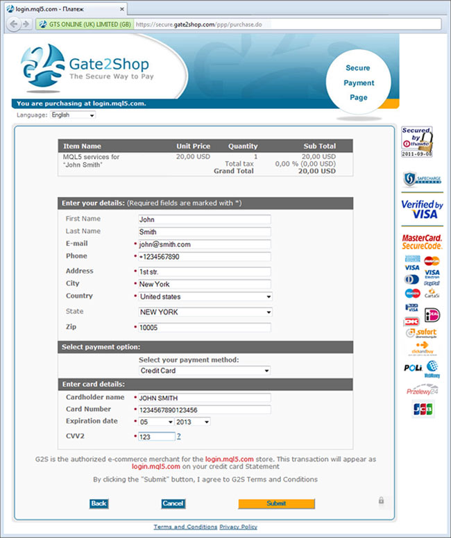 Payment Details on Gate2Shop Website
