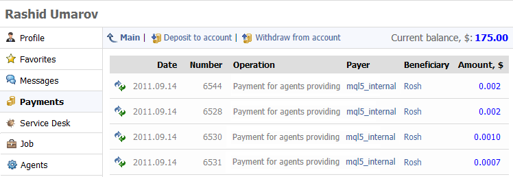 Payment for agents providing to MQL5 Cloud Network