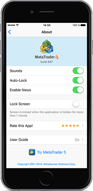 Der neue MetaTrader 4 iOS build 947 mit PIN-Code für Bildschirmsperre