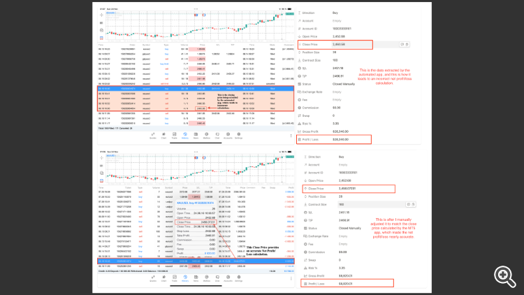 The exit price extracted from the MT5 to notion app in comprising to manual edit of the close price of the trade after taking partials