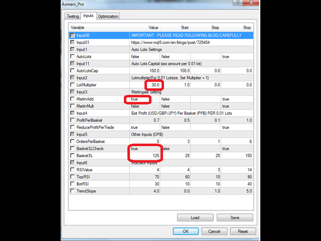 Inputs for back test