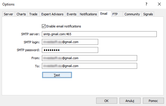 E-mail configuration in MT5
