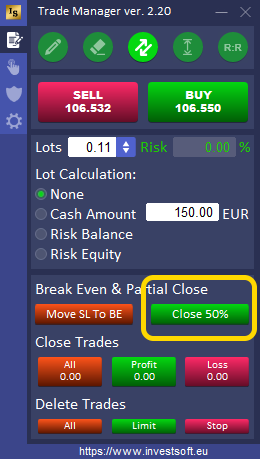 Trade Manager manual partial closing