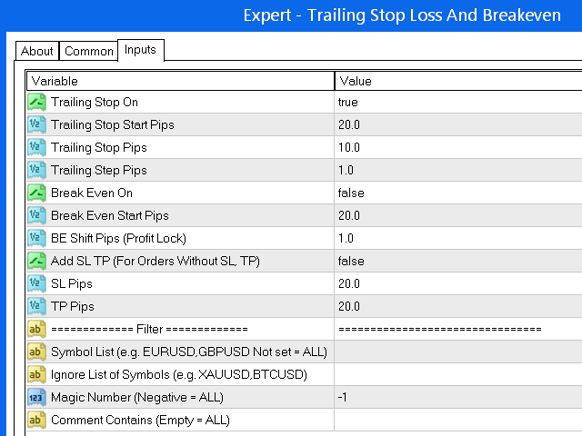 Trailing Stop Loss And Breakeven MT5