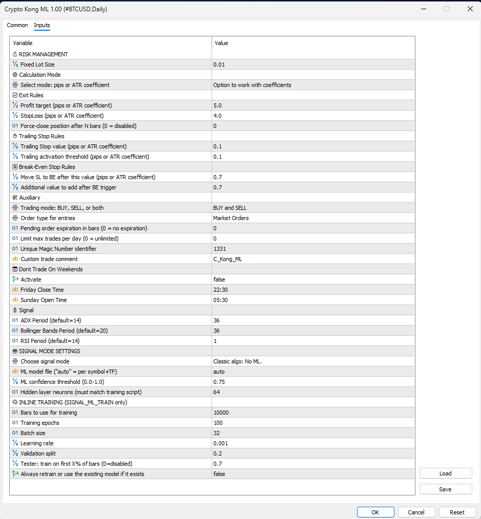 Crypto Kong ML EA Settings