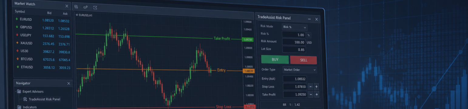 TradeAssist Risk Panel MT5：用风险百分比和图表线减少手动下单错误