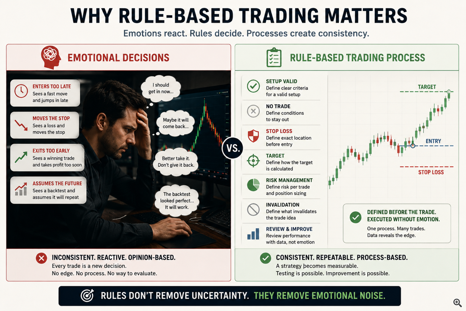 Emotional decisions vs. rule-based trading process: rules create consistency and make testing possible