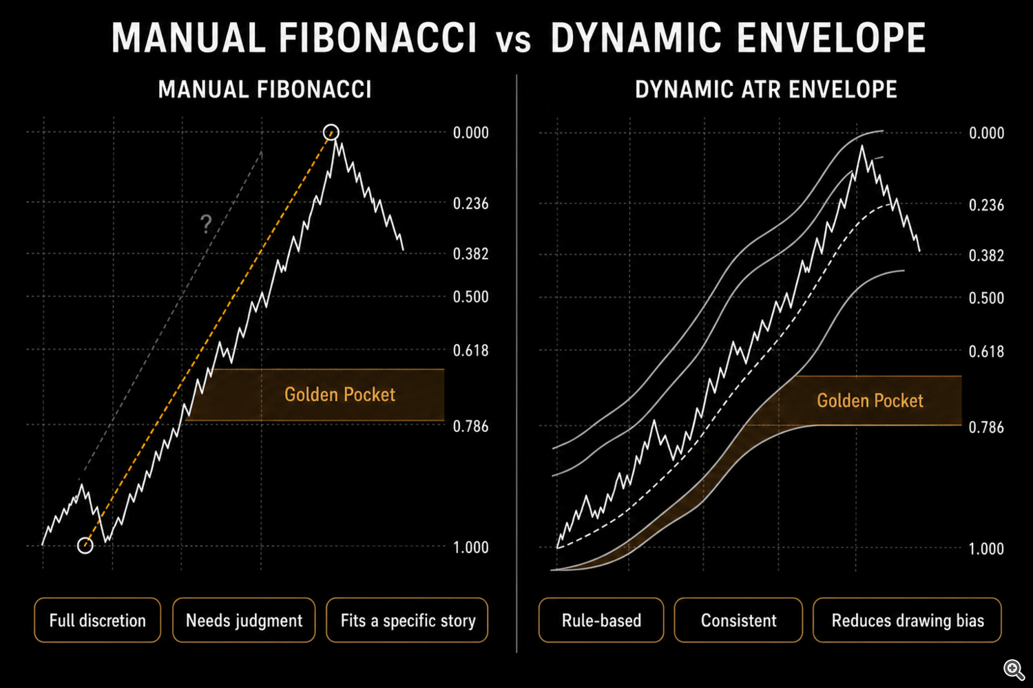 Manual Fibonacci versus dynamic ATR envelope: discretionary drawing compared with rule-based adaptive zones