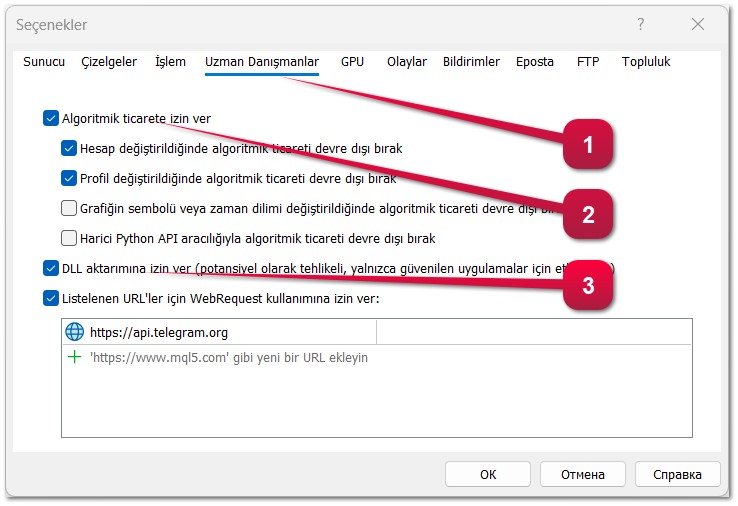 MetaTrader 4 ve MetaTrader 5 TERMİNAL AYARLARINDA uygulamalara ticaret işlemleri yapma izni nasıl verilir (Uzman Danışmanlar, Ticaret Robotları, Scriptler). MetaTrader 4 ve MetaTrader 5 TERMİNAL AYARLARINDA uygulamalara ticaret işlemleri yapma izni nasıl verilir (Uzman Danışmanlar, Ticaret Robotları, Scriptler).