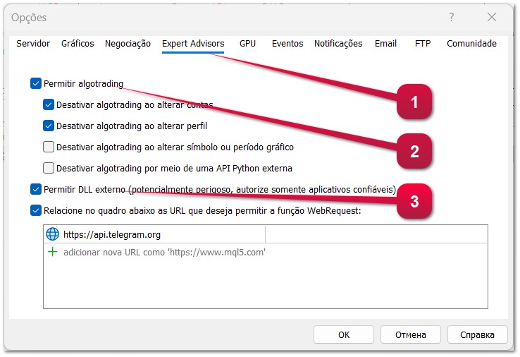 Como permitir que os aplicativos realizem operações de negociação nas CONFIGURAÇÕES DO TERMINAL MetaTrader 4 e MetaTrader 5 (Expert Advisors, Robôs de Negociação, Scripts). Como permitir que os aplicativos realizem operações de negociação nas CONFIGURAÇÕES DO TERMINAL MetaTrader 4 e MetaTrader 5 (Expert Advisors, Robôs de Negociação, Scripts).