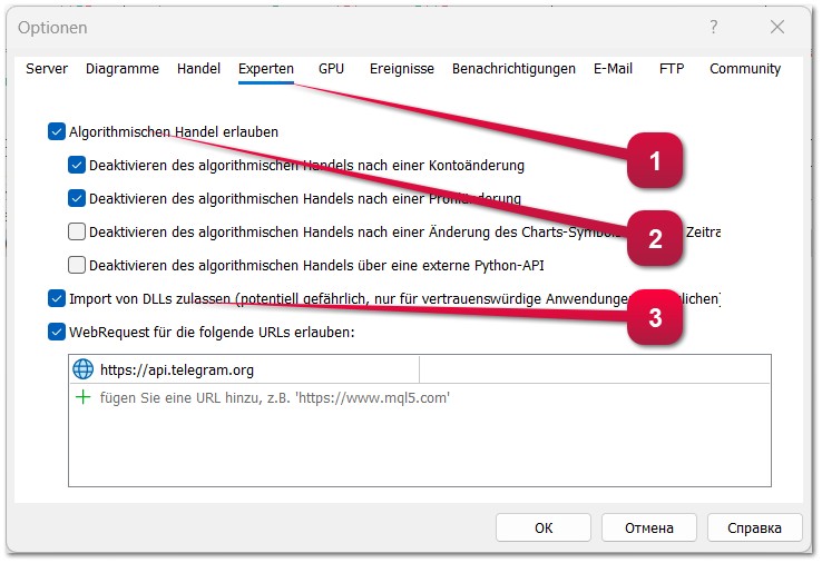 So erlauben Sie Anwendungen die Durchführung von Handelsoperationen in den TERMINAL-EINSTELLUNGEN von MetaTrader 4 und MetaTrader 5 (Expert Advisors, Trading-Roboter, Skripte). So erlauben Sie Anwendungen die Durchführung von Handelsoperationen in den TERMINAL-EINSTELLUNGEN von MetaTrader 4 und MetaTrader 5 (Expert Advisors, Trading-Roboter, Skripte).