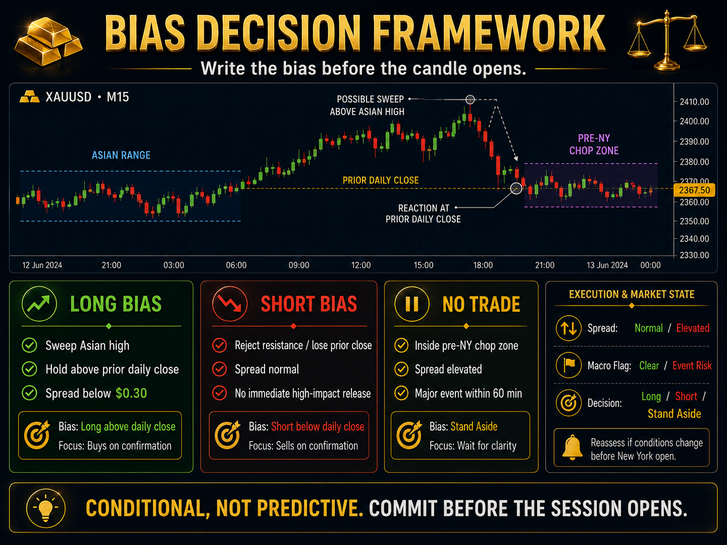 A useful bias is conditional: long, short or no trade only when the predefined conditions are present. A useful bias is conditional: long, short or no trade only when the predefined conditions are present.