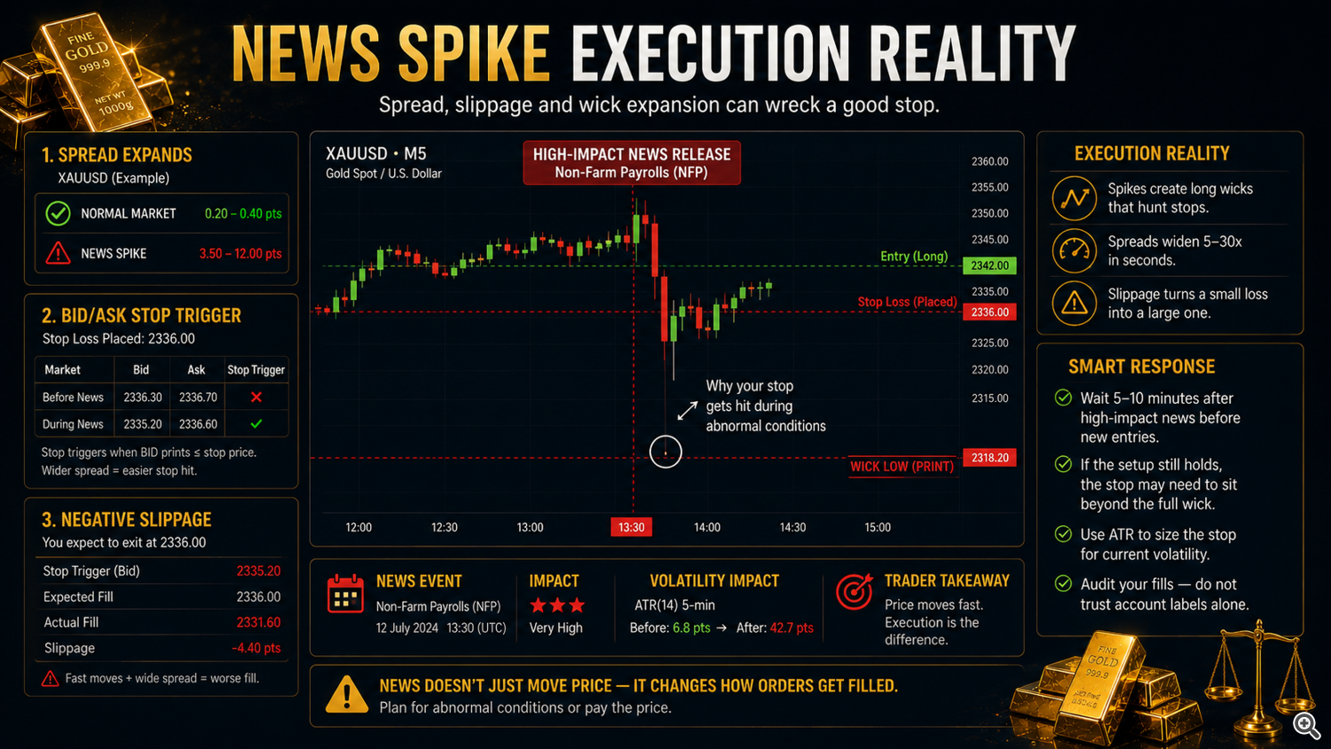 News does not only move price. It changes spreads, stop triggers and the quality of your actual fill.
