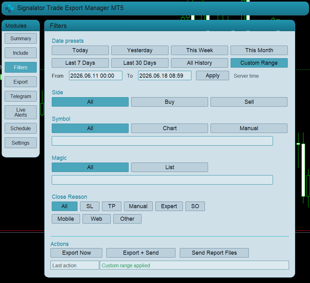 Trade export filters tab Trade export filters tab