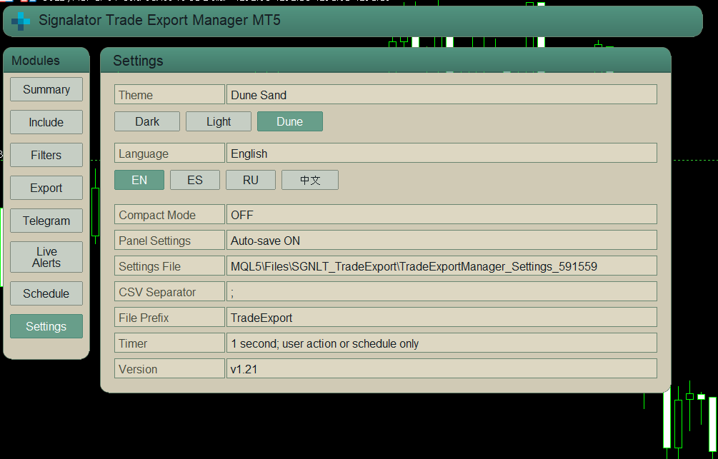 Trade export settings Trade export settings