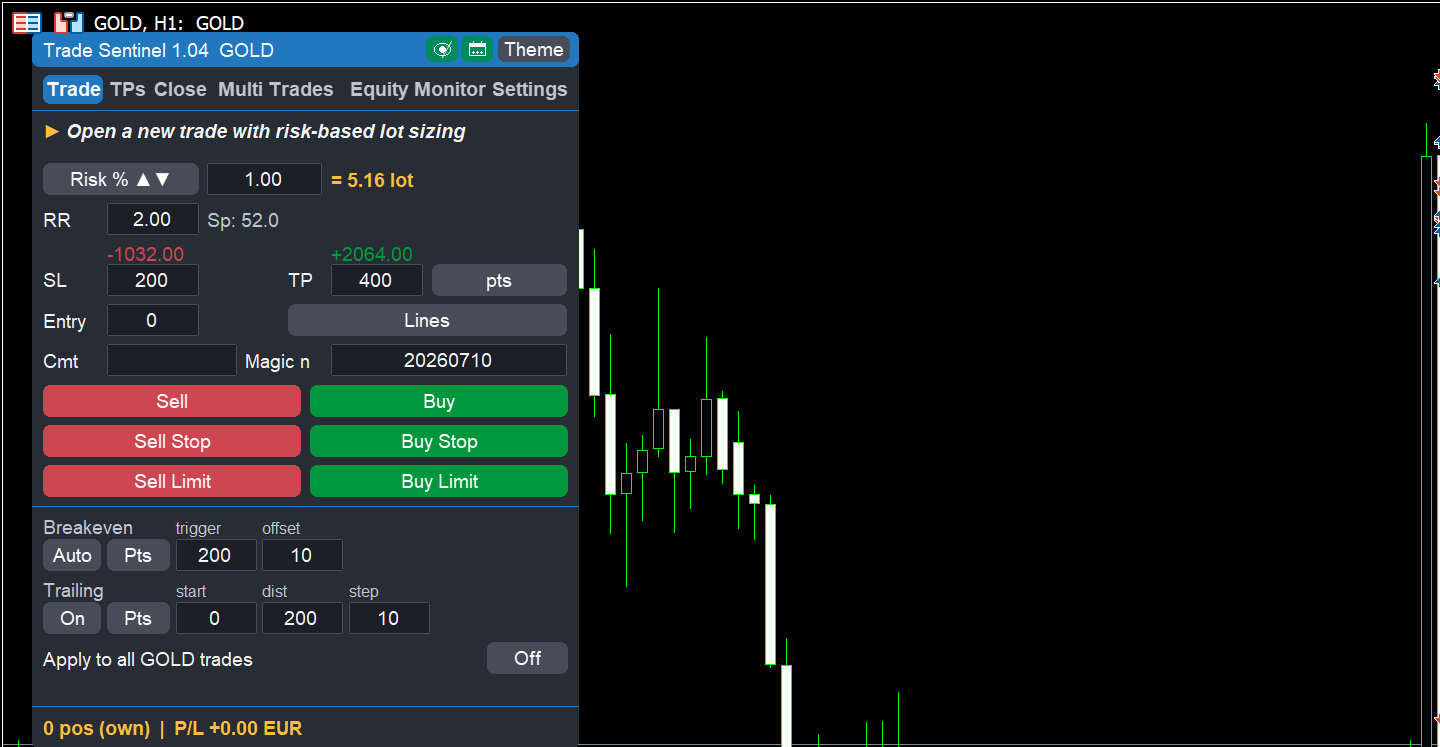 Trade Sentinel panel on the chart Trade Sentinel panel on the chart
