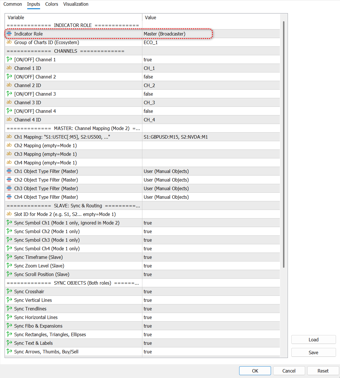 The settings window shown when you attach the indicator. The