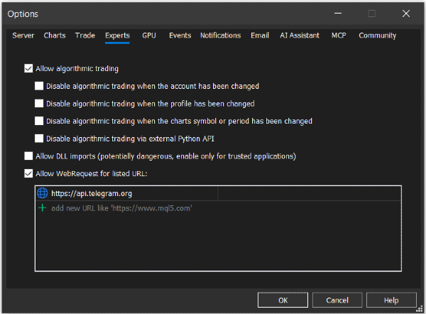 Allow the address in MetaTrader Allow the address in MetaTrader