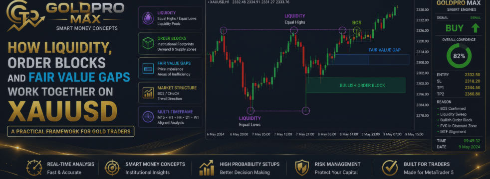 How Liquidity, Order Blocks and Fair Value Gaps Work Together on XAUUSD  (" GoldPro Max " Indicator link end of page)