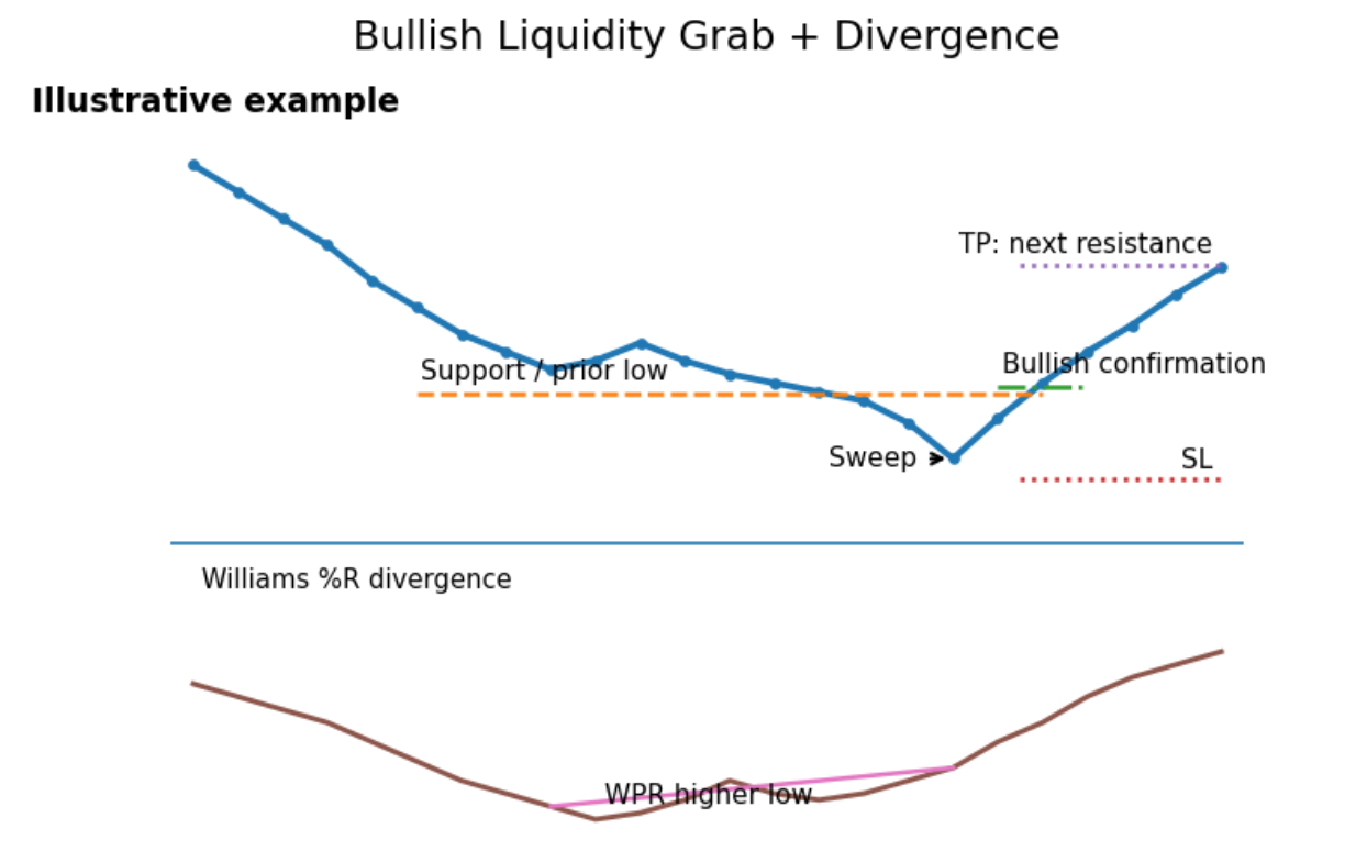 Illustrative example - Bullish liquidity grab at support with bullish Williams Percent Range divergence.