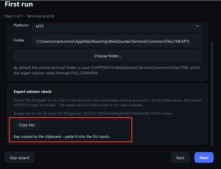 wizard step with Copy key