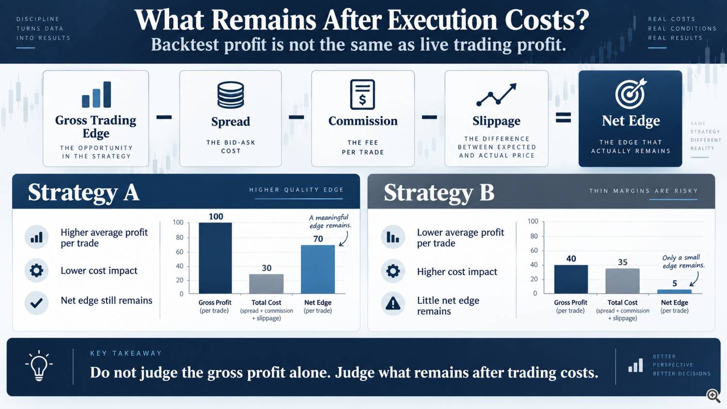 Diagram subtracting spread, commission, and slippage from gross trading edge, with two contrasting cost-margin examples. Diagram subtracting spread, commission, and slippage from gross trading edge, with two contrasting cost-margin examples.