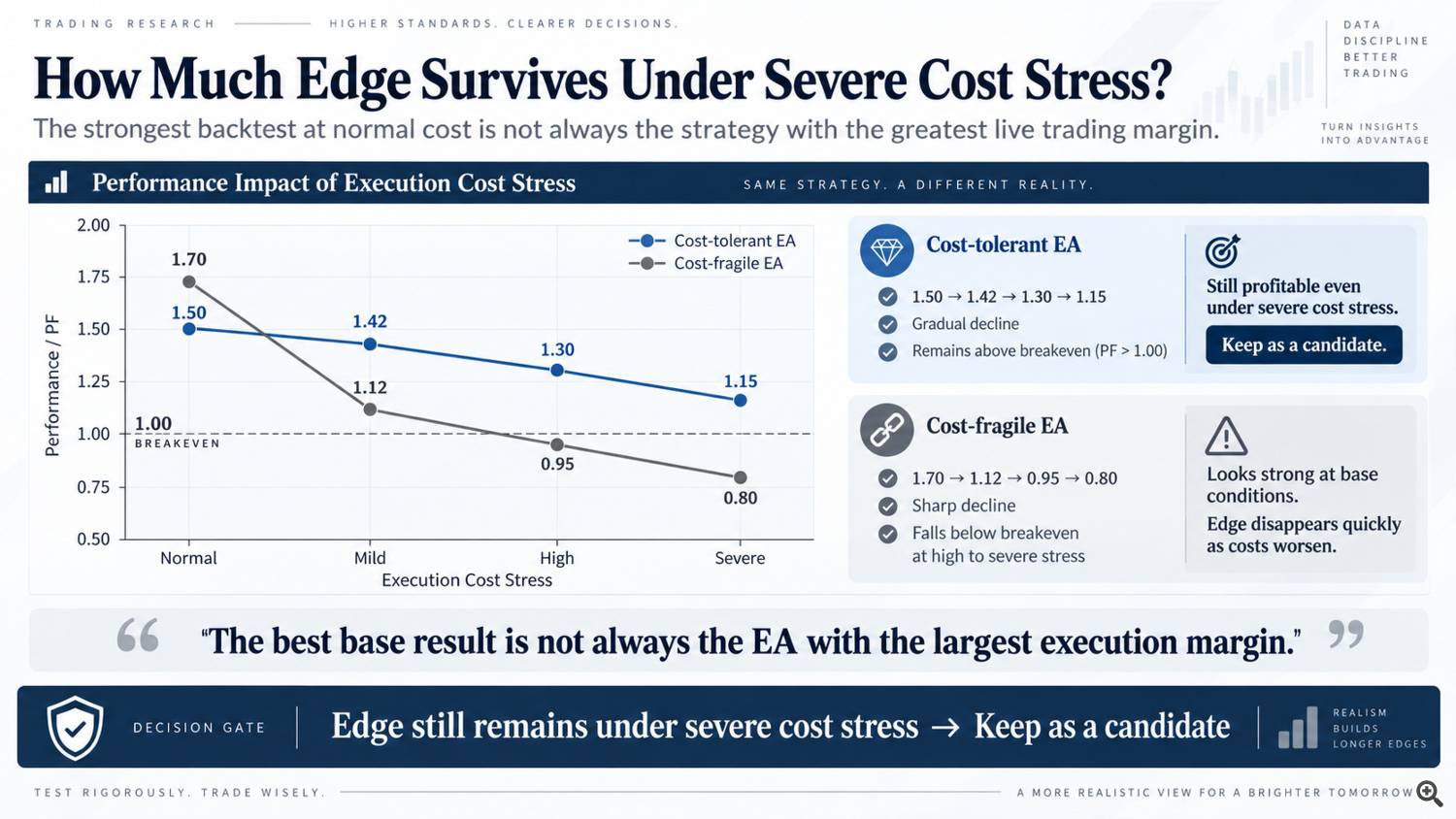 Concept chart comparing cost-tolerant and cost-fragile strategy behavior from normal to severe execution-cost stress. Concept chart comparing cost-tolerant and cost-fragile strategy behavior from normal to severe execution-cost stress.