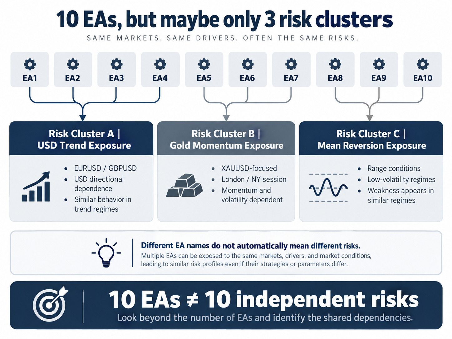 Diagram grouping ten EAs into three shared risk clusters: USD trend, Gold momentum, and mean reversion. Diagram grouping ten EAs into three shared risk clusters: USD trend, Gold momentum, and mean reversion.